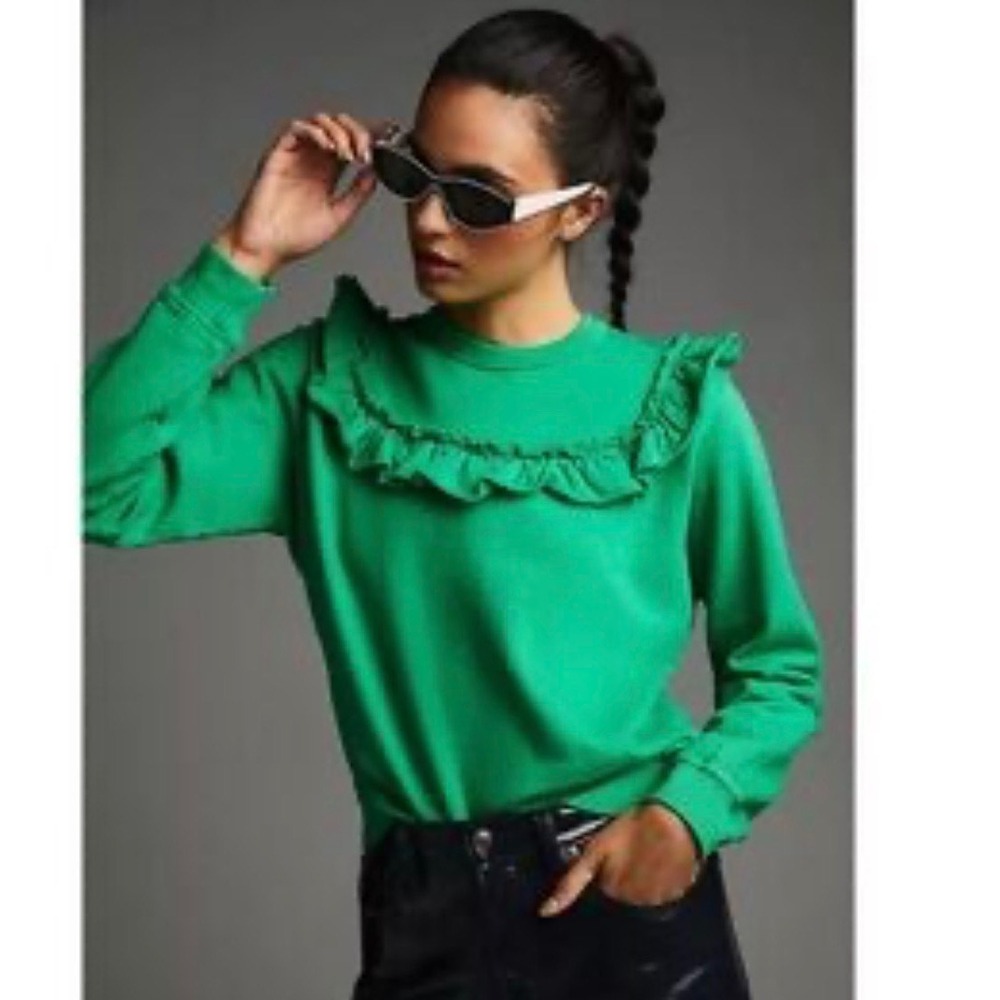 Clare V Artsy Boho Kelly Green Ruffle Sweatshirt Logo Back Womens Small Preppy